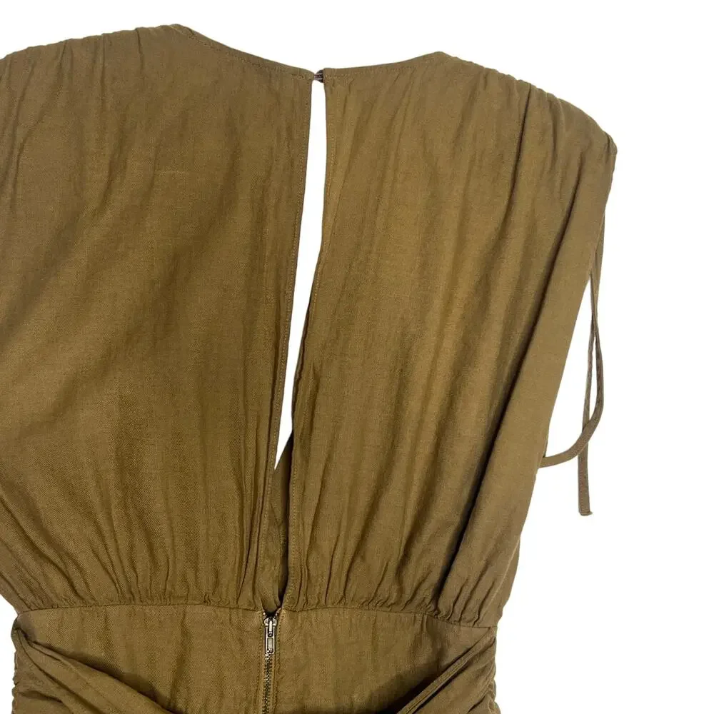 ZARA Linen Blend Romper V-Neck Sleeveless Ruched Shoulder Khaki Womens Size M